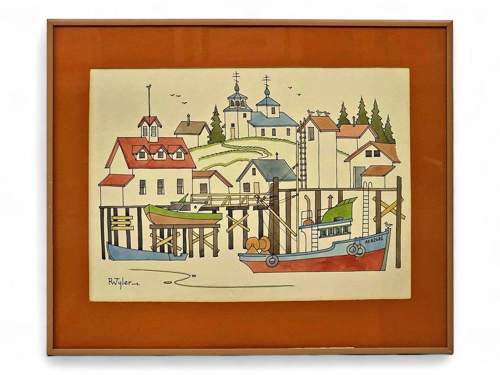 R.W. Tyler Original Ink & Watercolor of Seldovia, Alaska, Framed