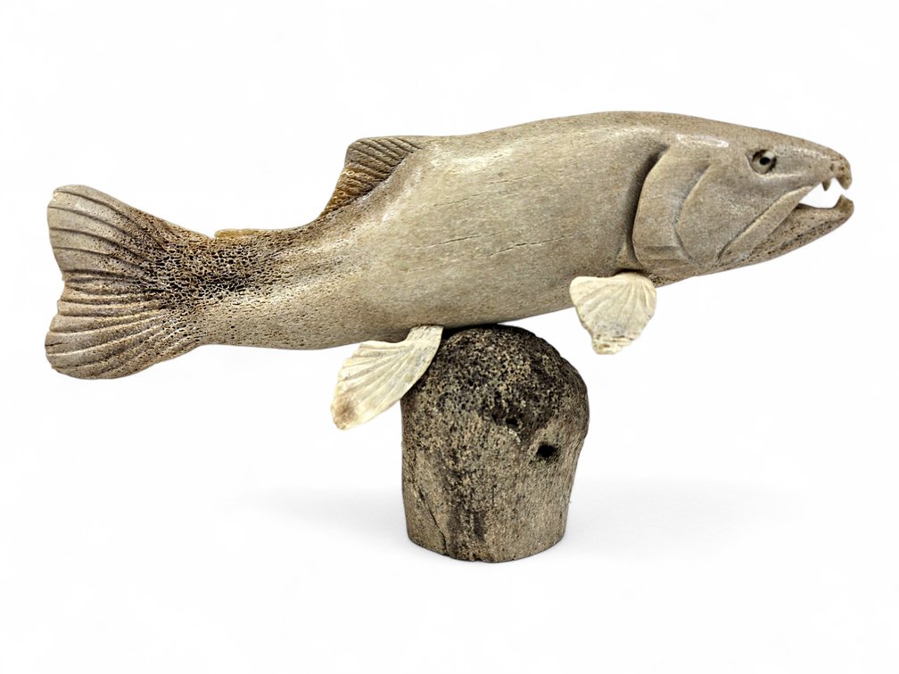 Carved Whalebone Salmon on Bone Base with Inlaid Eyes