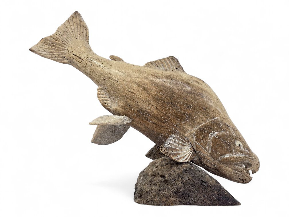 Carved Whalebone Salmon on Rough Natural Base with Inlaid Eyes