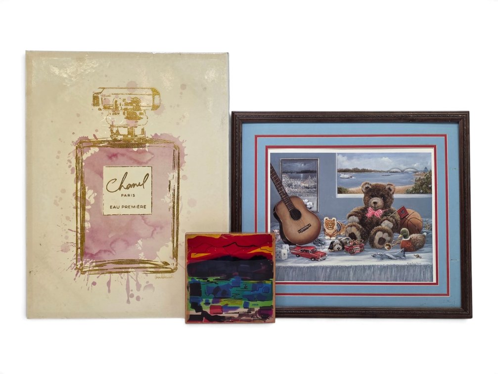 Amanda Greenwood Perfume Print, Alice Gwin Henry Teddy Bear Print & Carla Morton Art