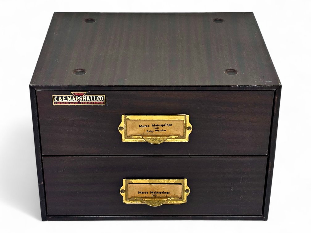Watch Mainspring Assortment in C. & E. Marshall Two-Drawer Cabinet