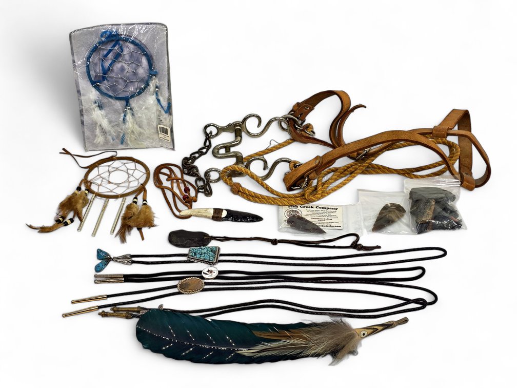 Four Bolo Ties, Horse Bridle & Bit, Dreamcatchers, Stone Pendants & Points