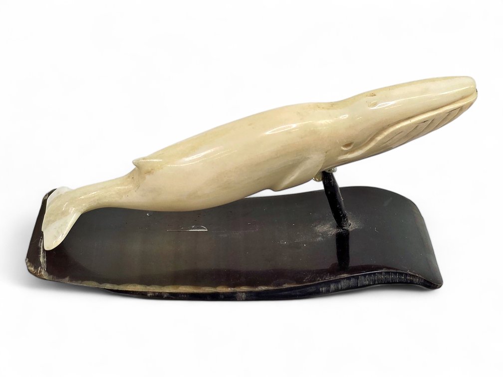 Carved Walrus Ivory Whale on Baleen Base, Marked RAY