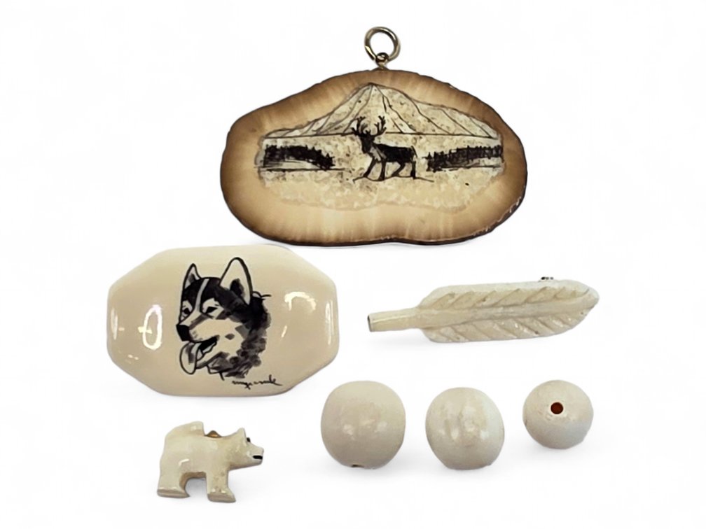 Ivory & Bone-Type Jewelry Group: L. Nayokpuk Pendant, Two Pins, Dog & Three Beads