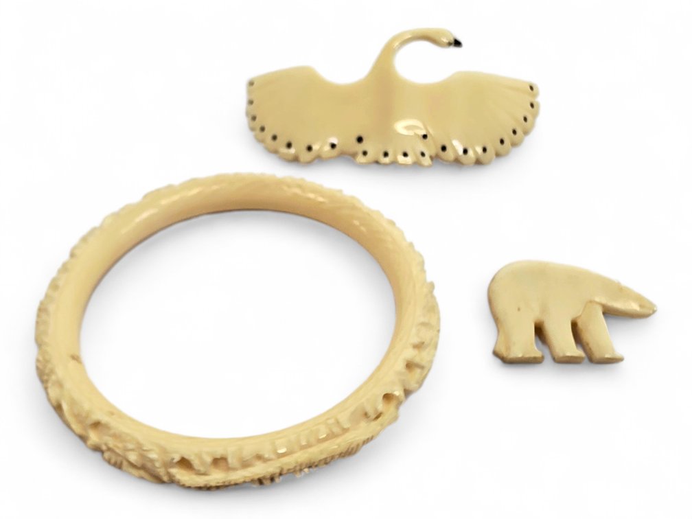 Carved Ivory Bangle & Swan Brooch with Bone Polar Bear Pin