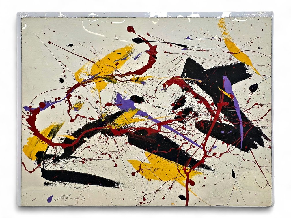 Leo Franco Abstract Acrylic Painting, Signed '89 — Black, Yellow, Purple & Red