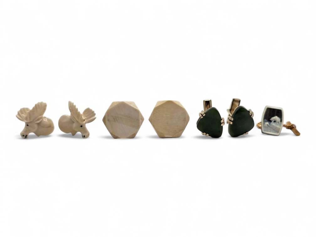 Three Pairs of Cufflinks & Arctic-Scene Tie Tack — Ivory, Green Stone & Inlay