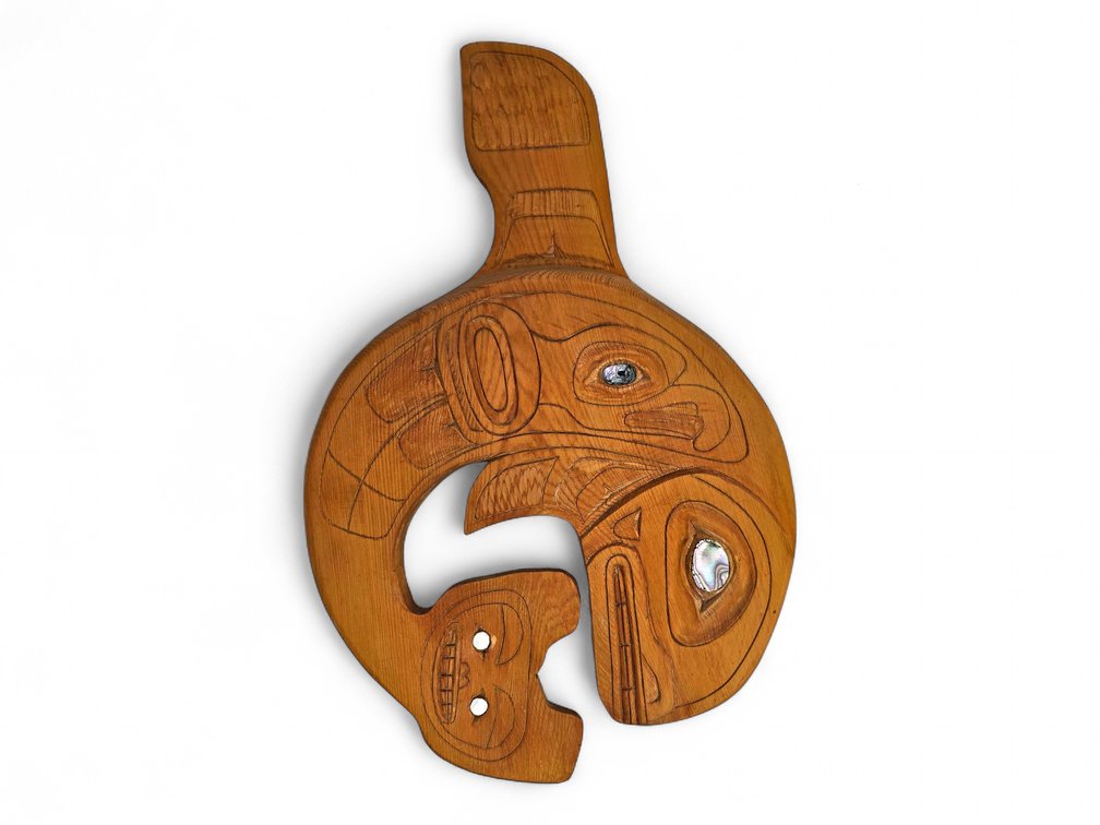 Northwest Coast-Style Carved Wood Orca Plaque with Shell Inlay