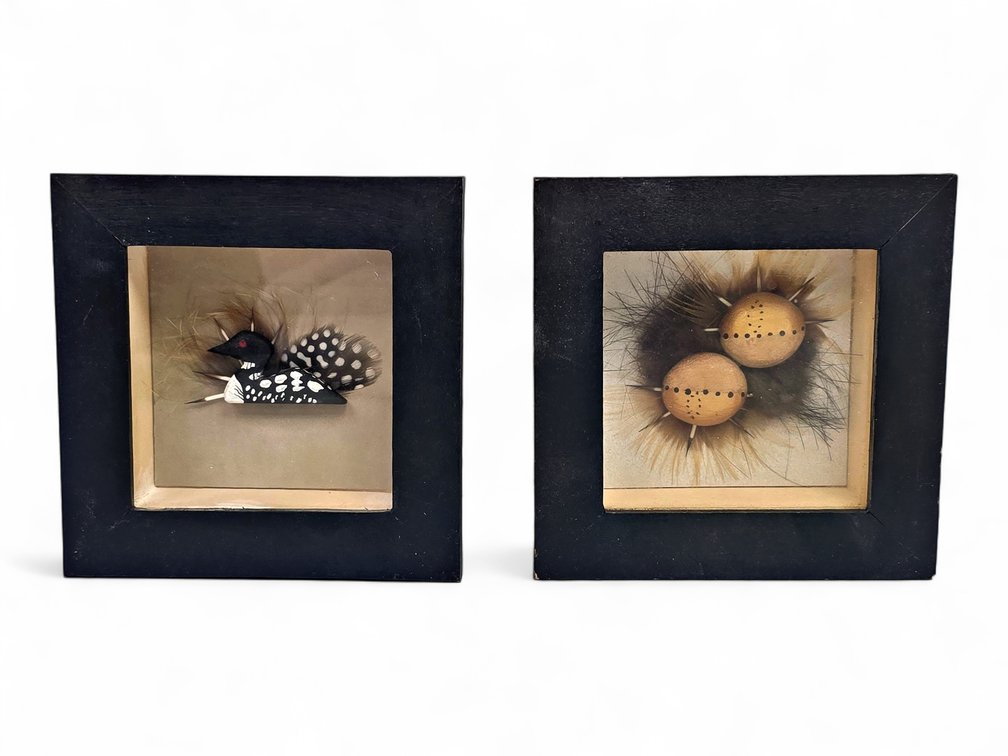 Two Zane R. Baldwin Shadowboxes — Loon & Eggs with Wood, Fur, Feathers & Quills