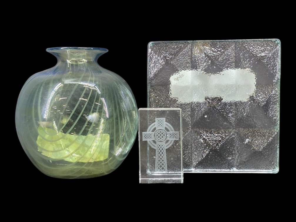 Eric Berlin Signed Glass Vase, Blenko Geometric Glass Block & Celtic Cross Paperweight