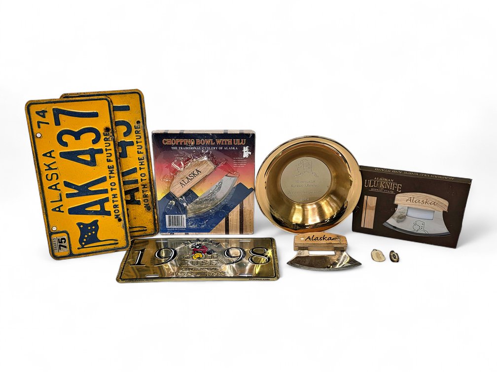 Alaska Collectibles: Ivory Pendants, License Plates, Three Ulus & Engraved Gold Pan