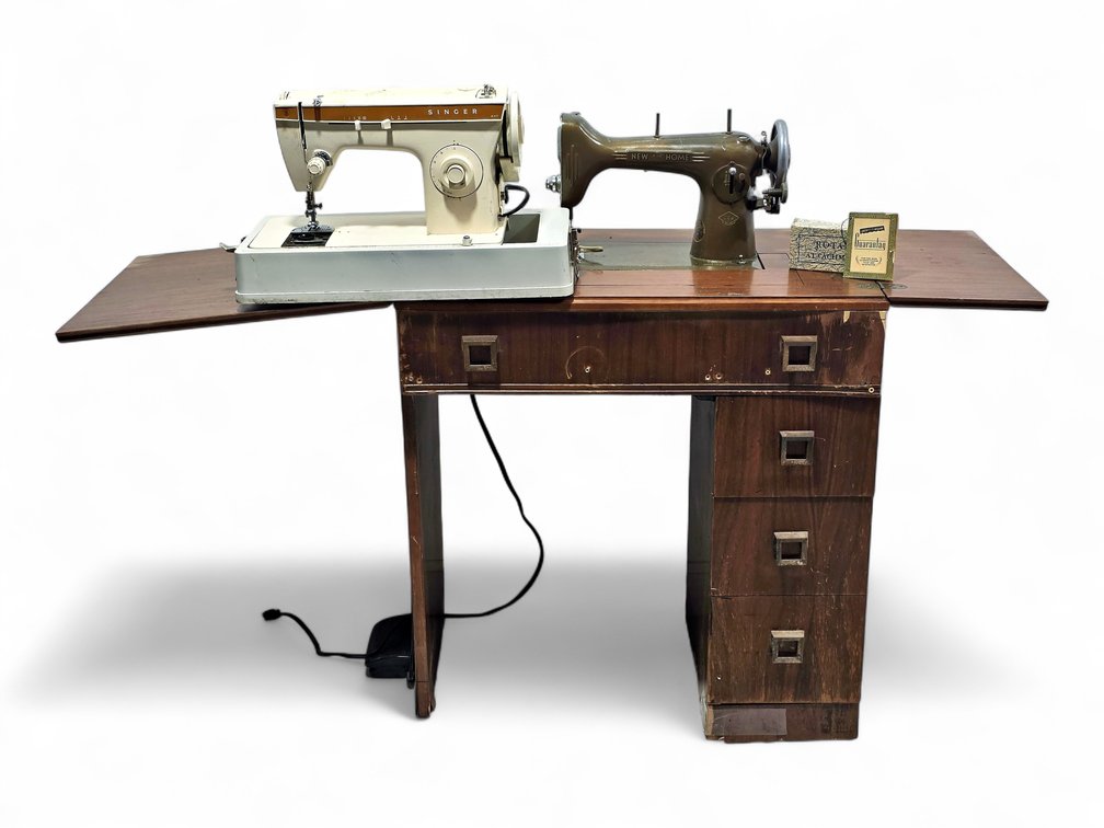 Singer 247 & New Home Light Running Sewing Machines with Cabinet and Attachments