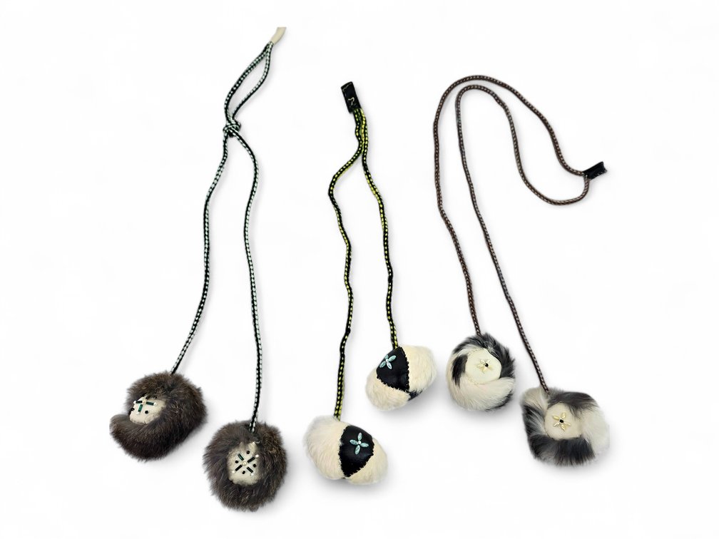 Three Alaska Fur & Hide Yo-Yos with Beadwork & Braided Cords