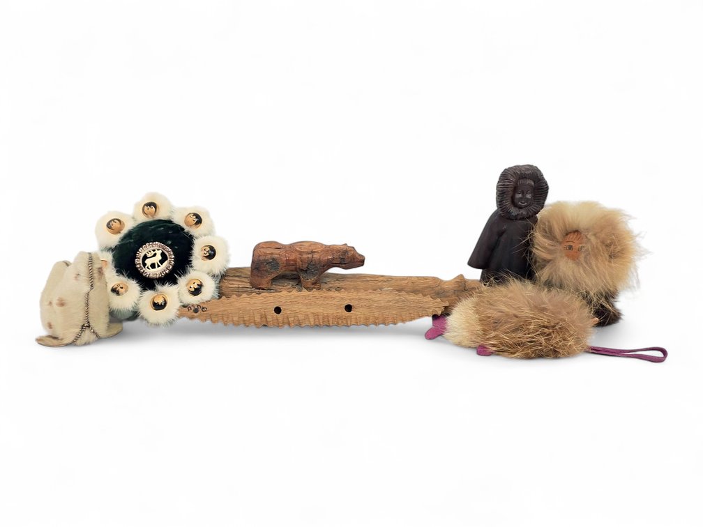 Alaska-Themed Pincushion, Fur Figures, Seal, Wooden Bear & Qulu-Marked Sound Maker