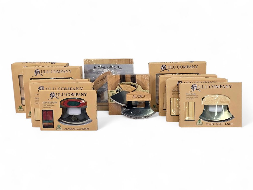 12 Alaska Ulus: Three Bowl Sets, Six Boxed Knives, Two Board Sets & One Loose Knife