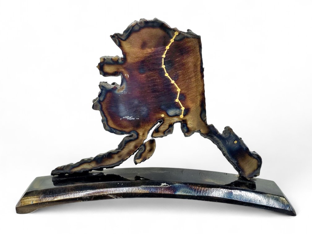 Trans-Alaska Pipeline Heat-Colored Metal Map Sculpture