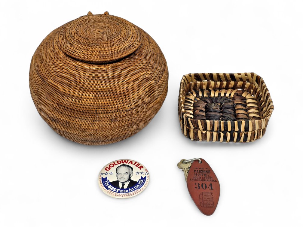 Two Woven Baskets, Parsons Hotel Room 304 Key & Barry Goldwater Campaign Button