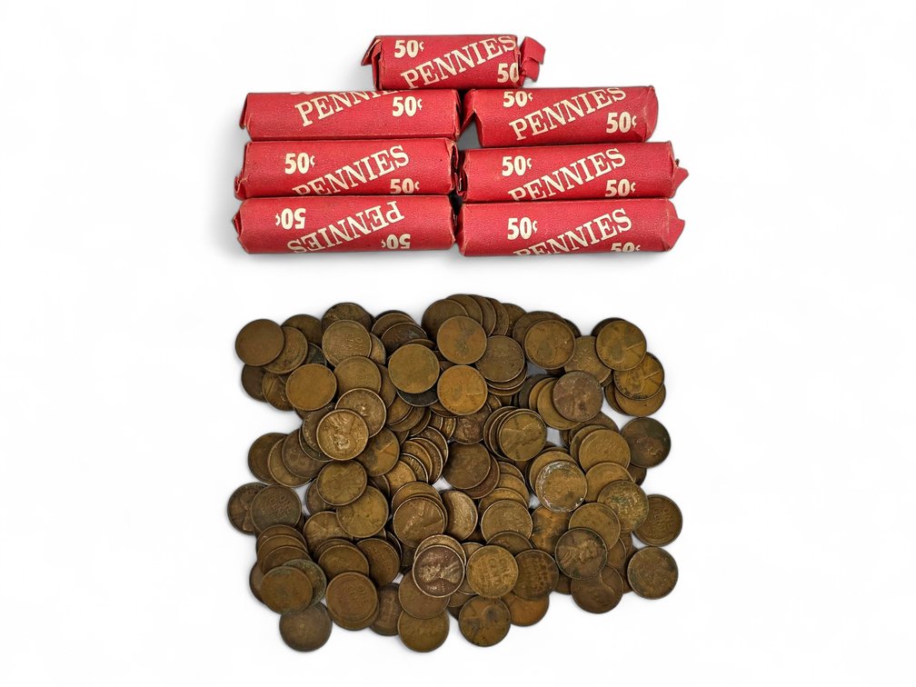 Lincoln Wheat Cents with Seven Labeled Rolls & Loose Coins