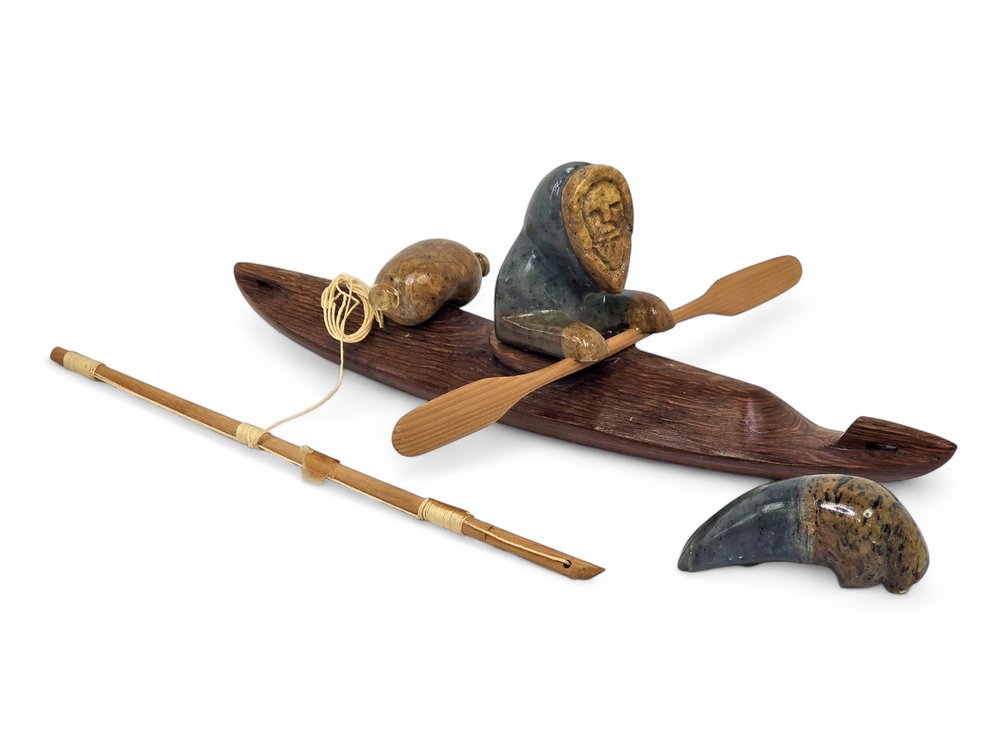 Hansel Komakhuk Stone & Wood Kayak Sculpture, Inscribed 1988