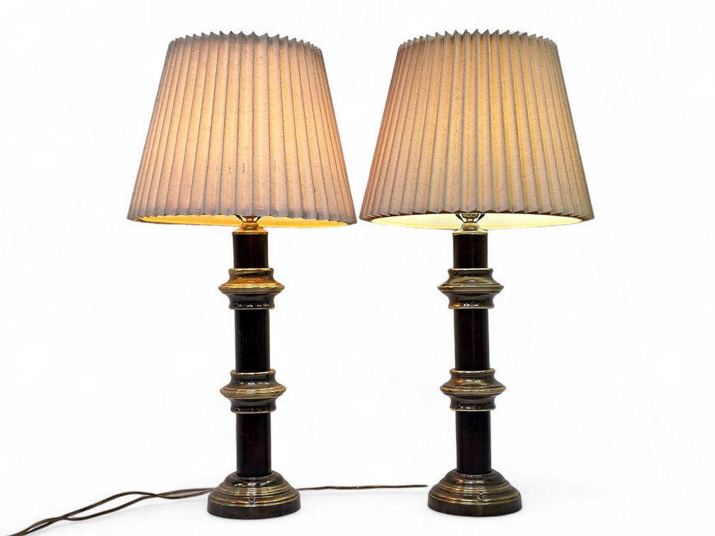 Pair of Candlestick Table Lamps with Pleated Shades, Tested to Power On