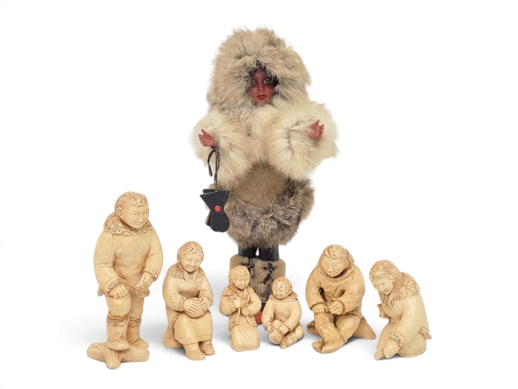 Fur-Clad Doll on Carlson Stand & Six Golya B Figurines