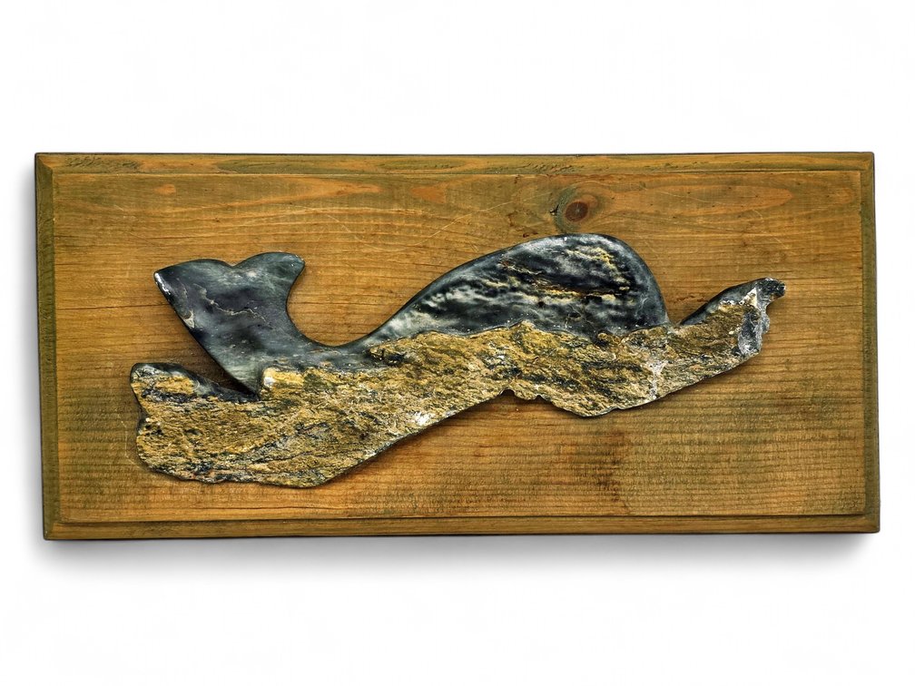 A. Potter Stone Whale Relief on Wooden Plaque, Created in Alaska Label