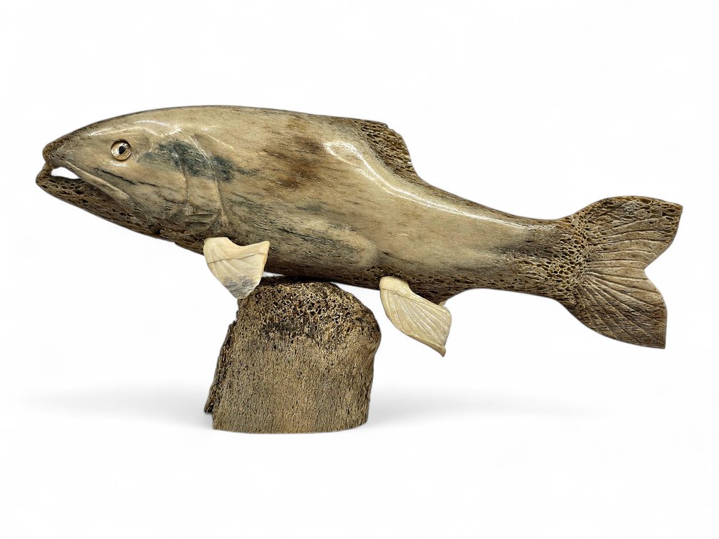 Carved Whalebone Salmon Sculpture with Inlaid Eyes & Bone Base