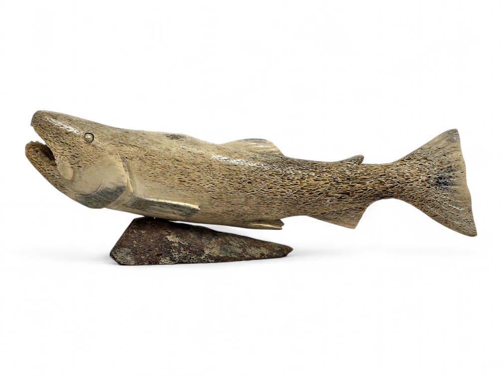 Carved Whalebone Salmon Sculpture on a Low Bone Base