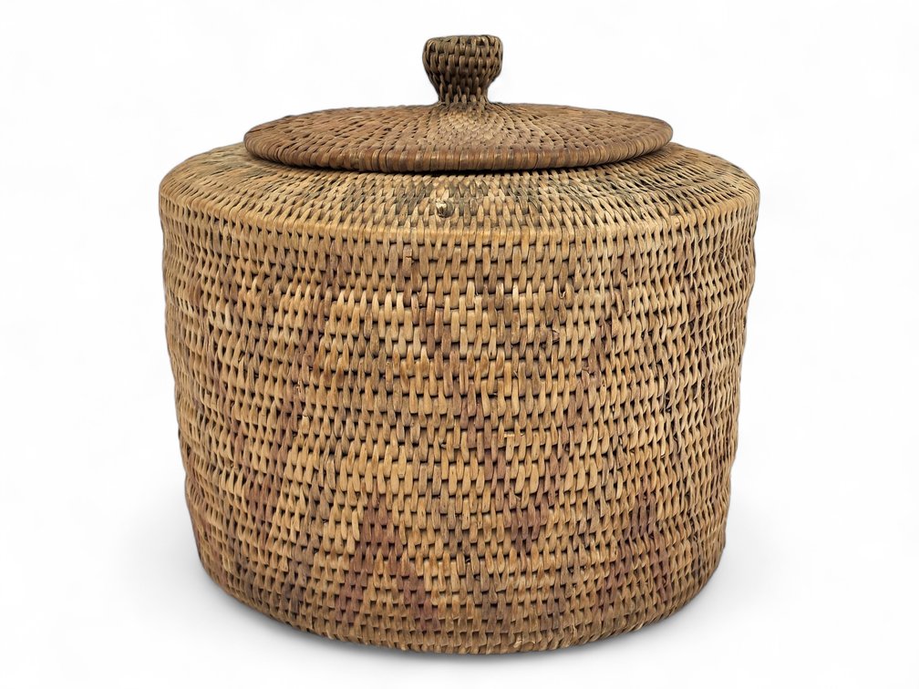 Athabascan Willow Root Basket with Geometric Designs & Lid