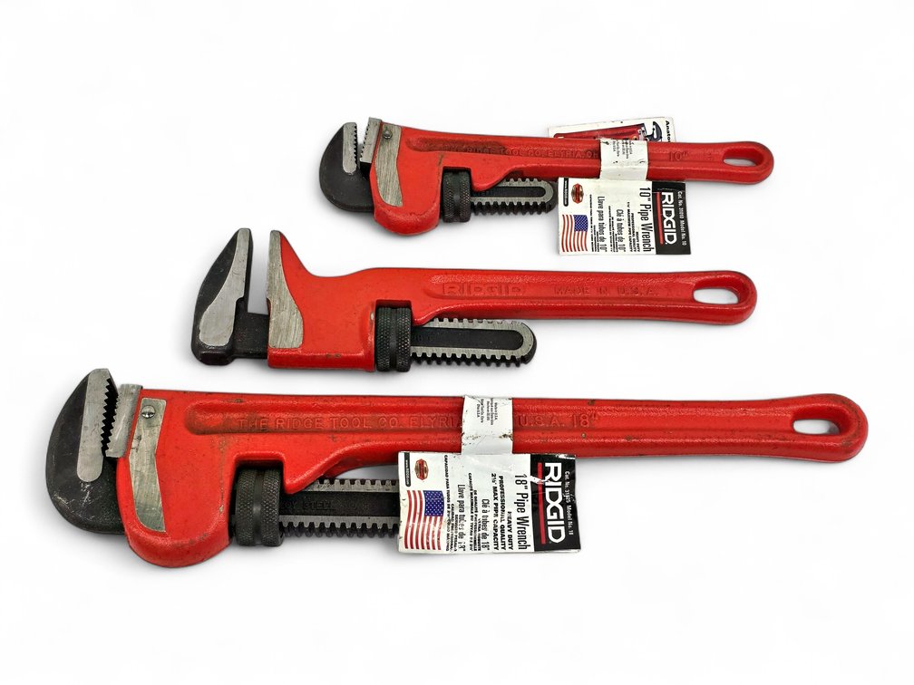 Three RIDGID Wrenches: 10- & 18-Inch Pipe Wrenches and 12-Inch Spud Wrench