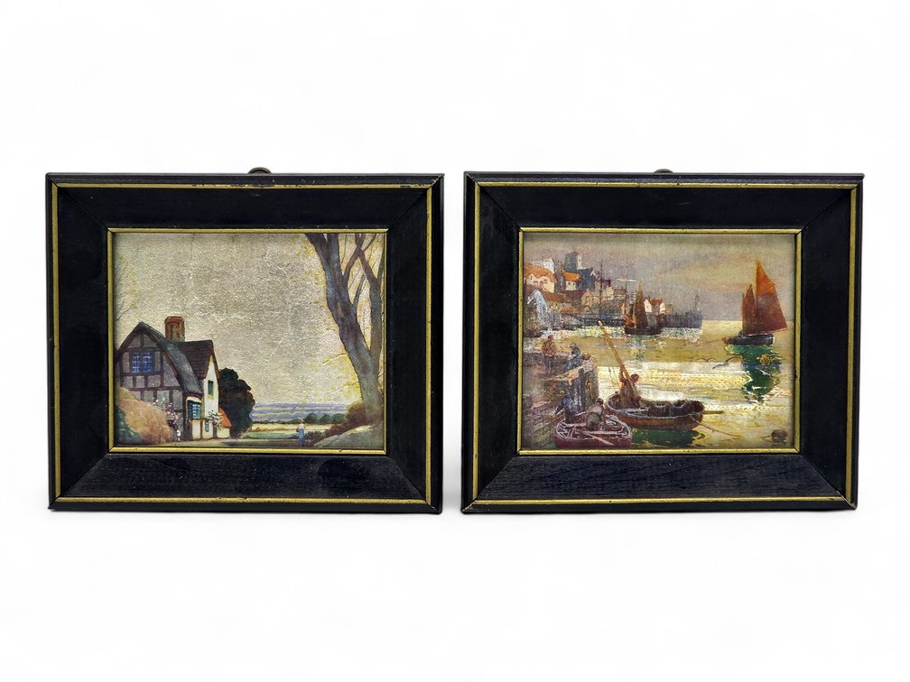 Two Small Framed Metallic-Sheen Prints: Harbor & Country Cottage