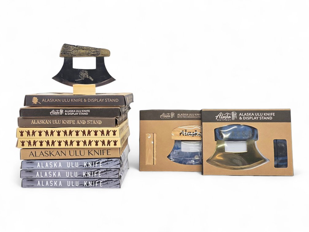 12 Alaska-Themed Ulu Knives with Stands & Boxes