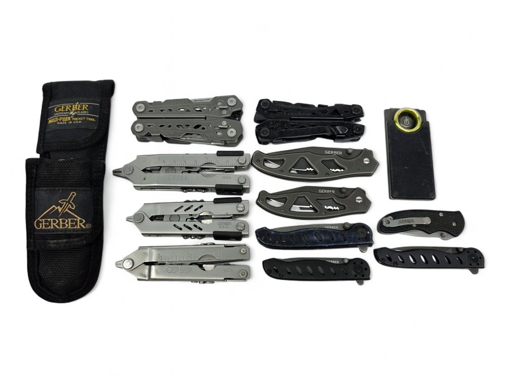 Gerber Lot: 5 Plier Multi-Tools, 6 Folding Knives, GDC Money-Clip Knife & Sheaths