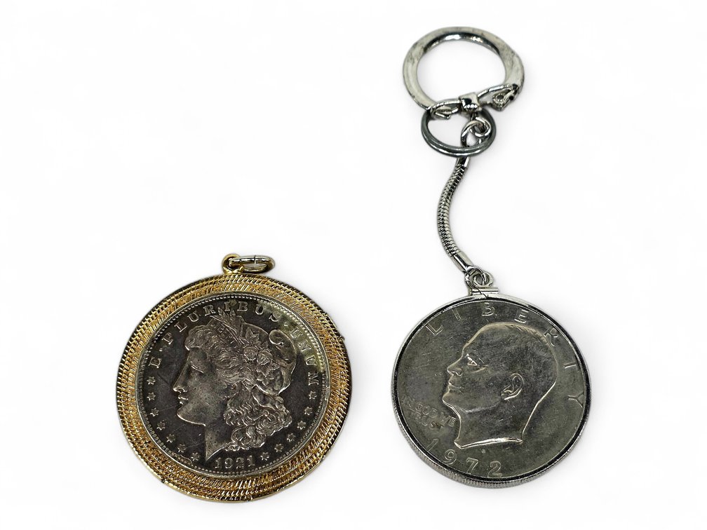 1921 Morgan Silver Dollar Pendant & 1972-D Eisenhower Dollar Keychain