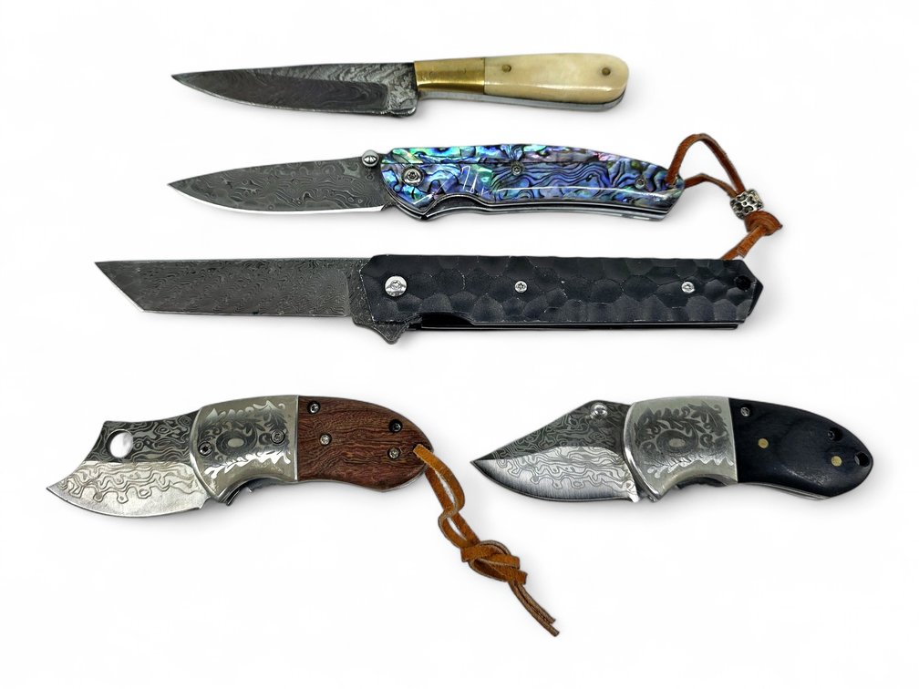 Five Damascus-Pattern Knives: Four Folders & One Fixed Blade