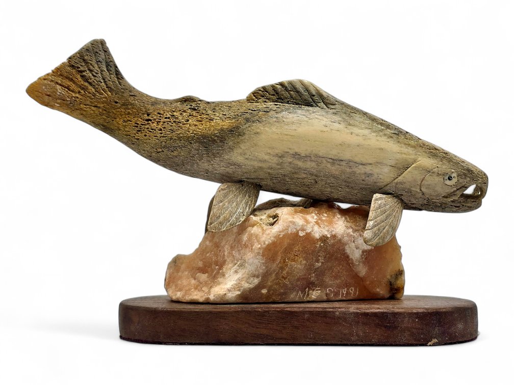 Michael E. Scott Whalebone Salmon Sculpture on Stone & Wood Base
