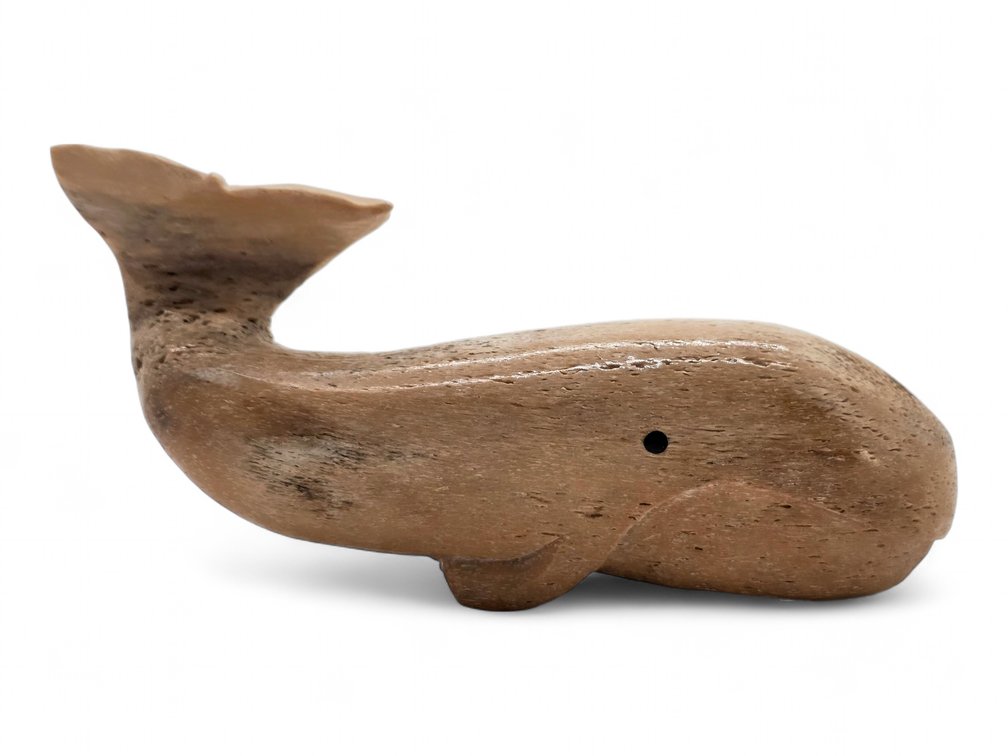 Mineralized Whalebone Whale Figurine with Baleen Inlaid Eyes