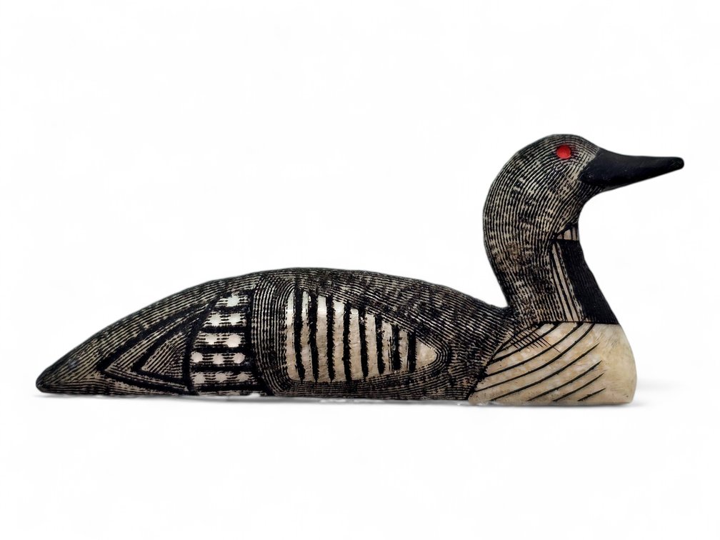 Fred Mayac Scrimshaw Loon Pin, Signed F. Mayac