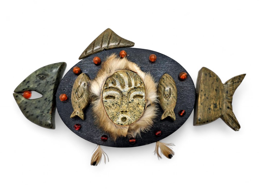 Fish-Shaped Wall Plaque with Stone Mask, Fur, Beads & Feathers