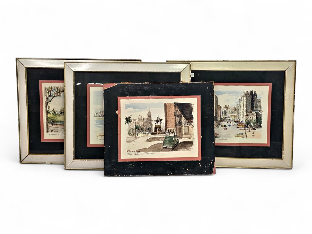 Four Original Montevideo Watercolors, Signed Mauro, Three Dated 1959