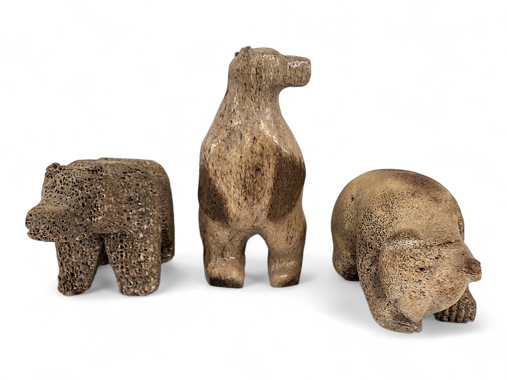 Three Miniature Bear Carvings in Mineralized Whalebone