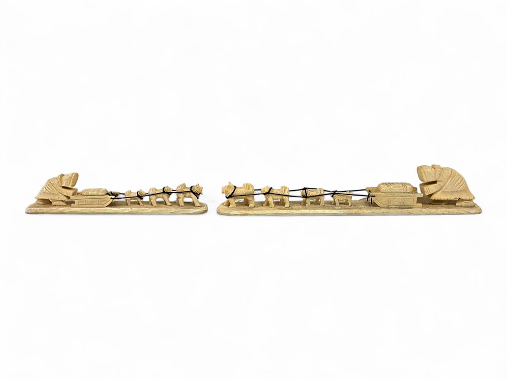 Two Bone or Antler Dog-Sled Dioramas with Mushers & Three- and Four-Dog Teams