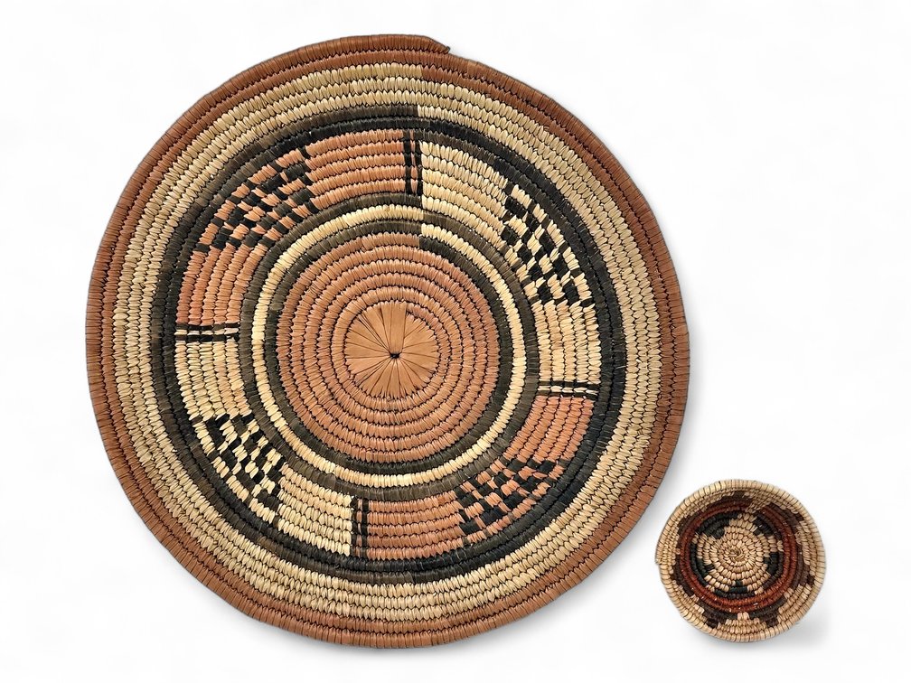Likely African Coiled-Fiber Tray & Miniature Basket Bowl