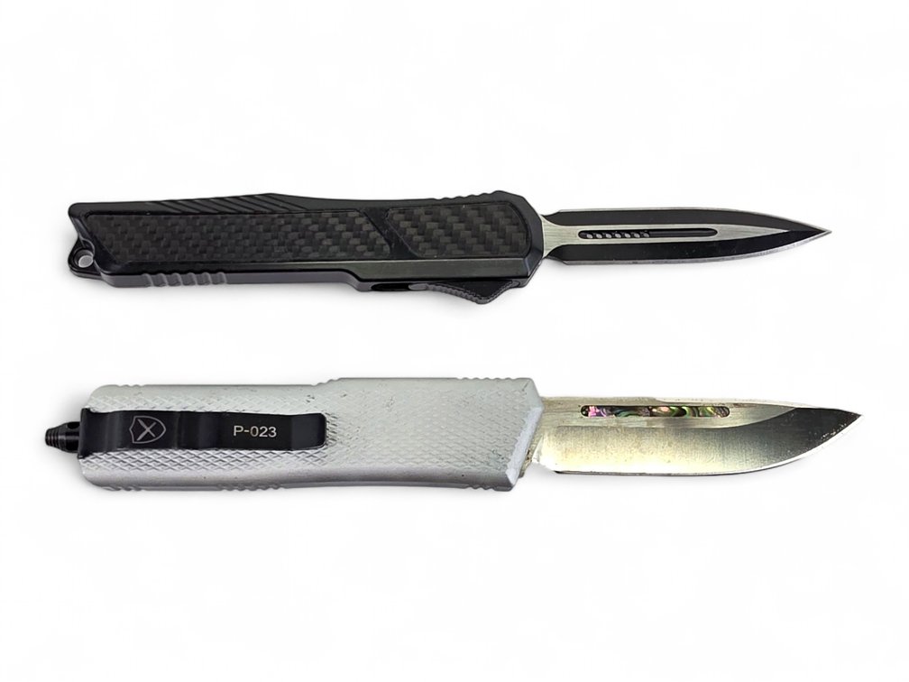 Two OTF Automatic Knives: P-023 with Abalone Inlay & Black Dagger-Point Knife
