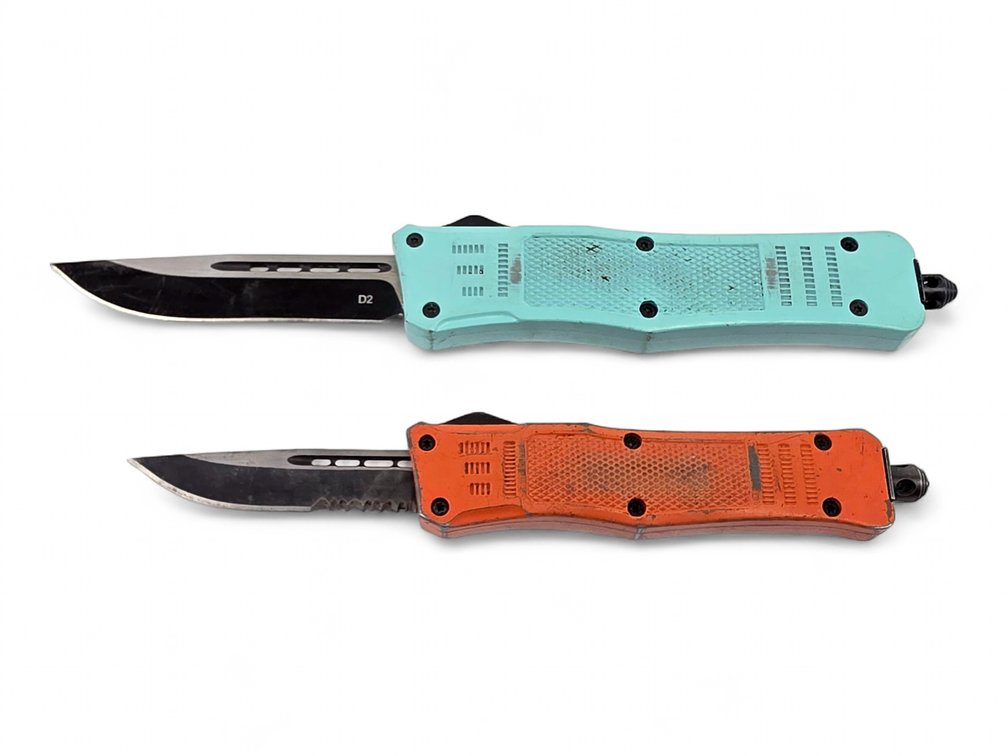 Two Denali Tactical OTF Knives, Teal & Orange — Orange Knife Reported Nonfunctional