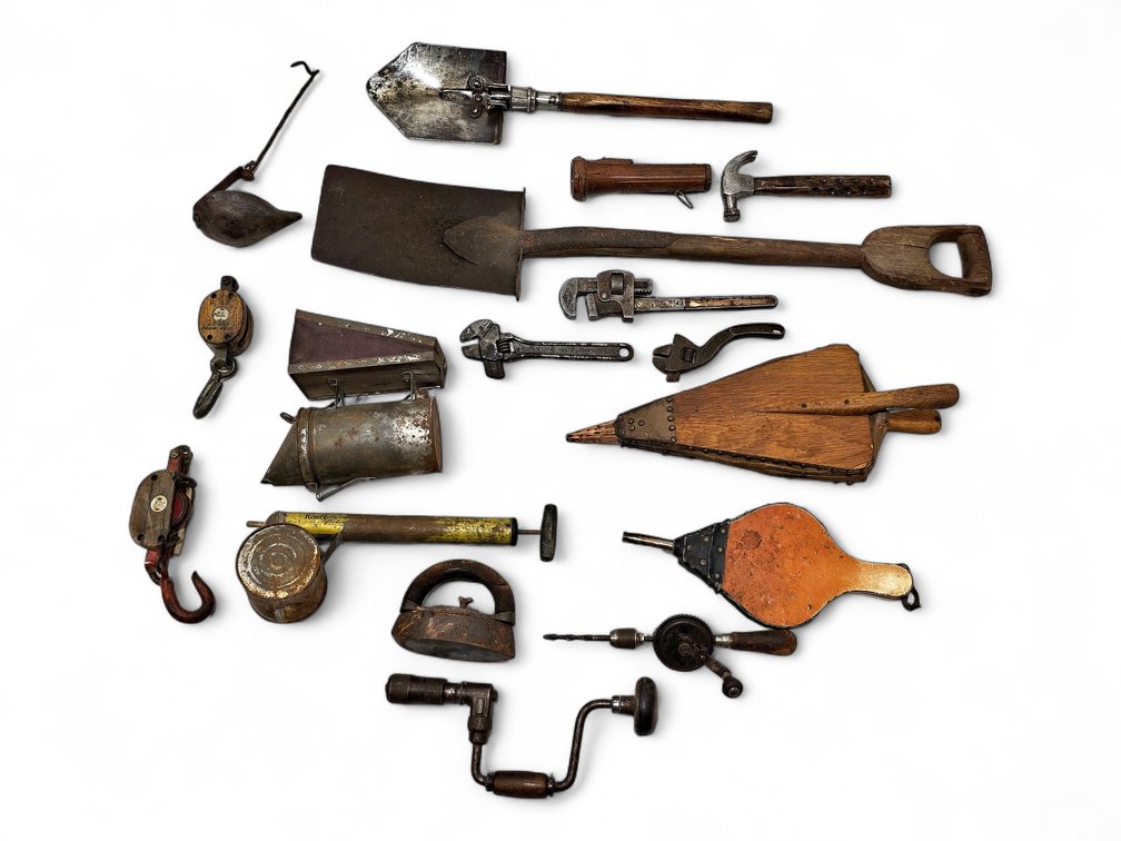 Vintage Hand Tools, Shovels, Bellows, Sad Iron & Wooden Pulley Blocks