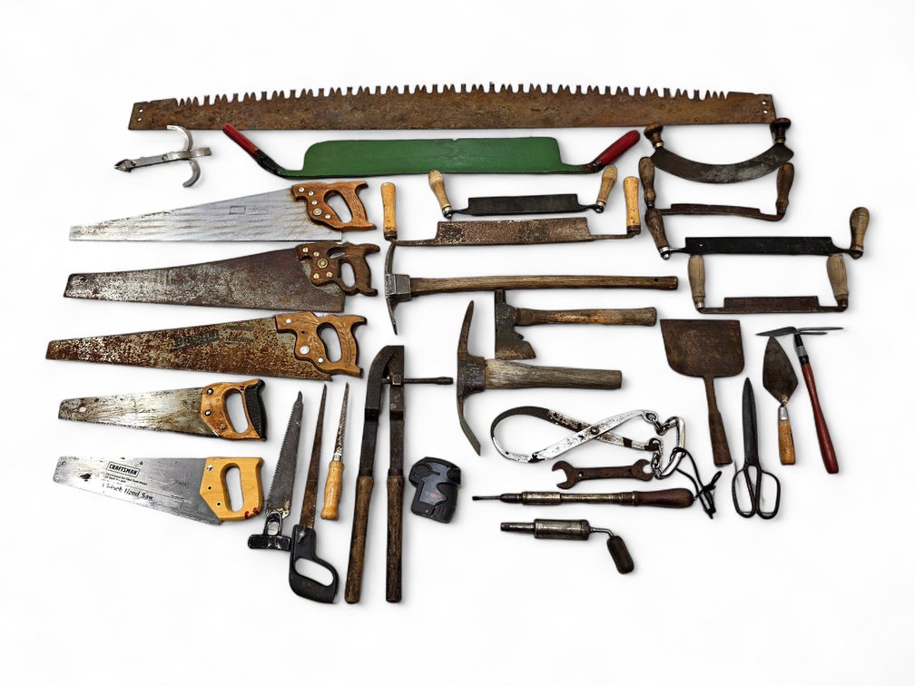 Crosscut Saw, Drawknives & Assorted Hand Tools with Bosch GPL2 Plumb Laser