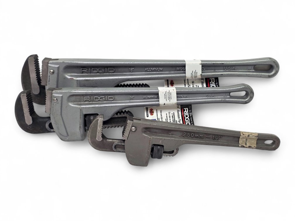 Three Aluminum Pipe Wrenches: RIDGID 14 & 18 Inch, Wilton 10 Inch