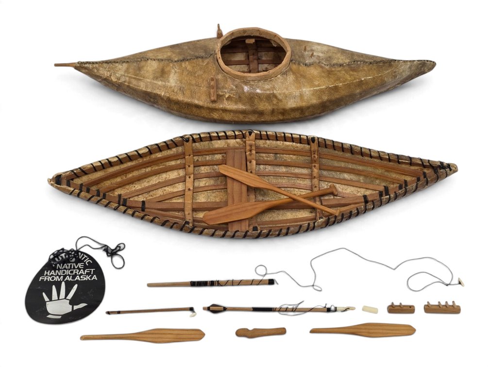 Miniature Skin-on-Frame Kayak & Open Boat, Attributed to Jimmy Preines, with Accessories
