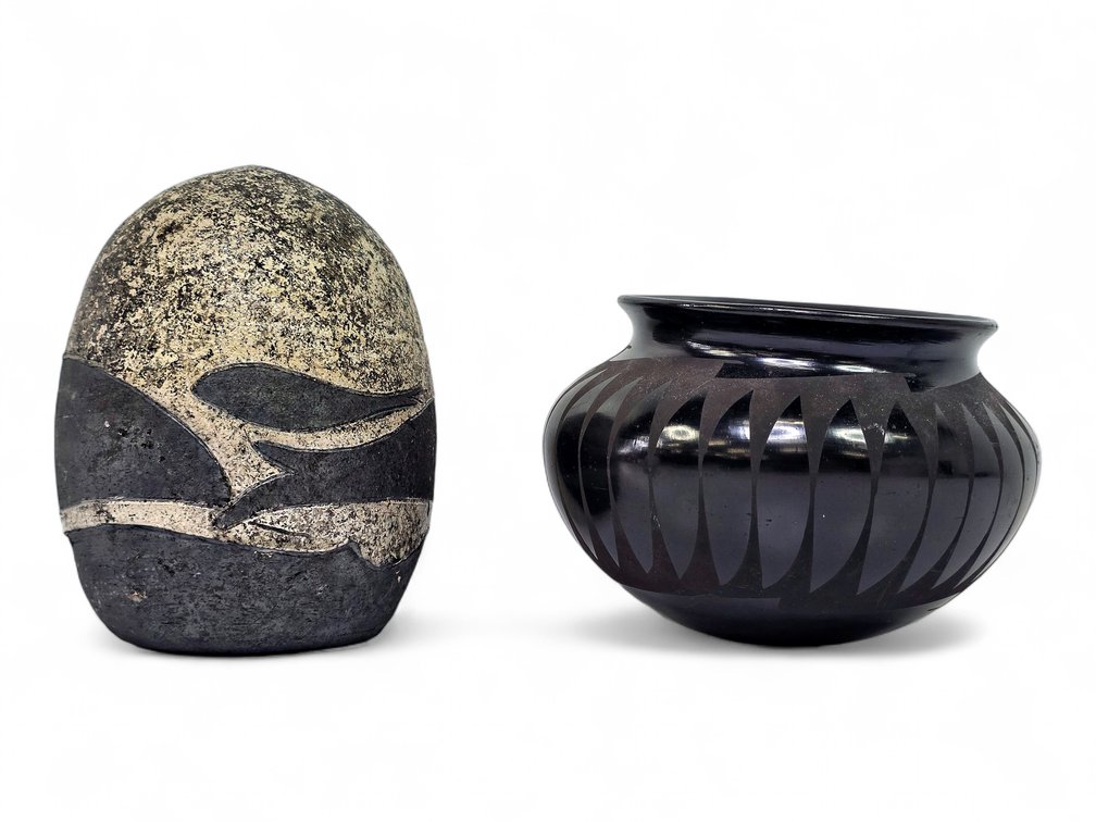Jewel Gross Brenneman-Attributed Raku Form & Tavo Silveira Mata Ortiz Jar with Base Damage